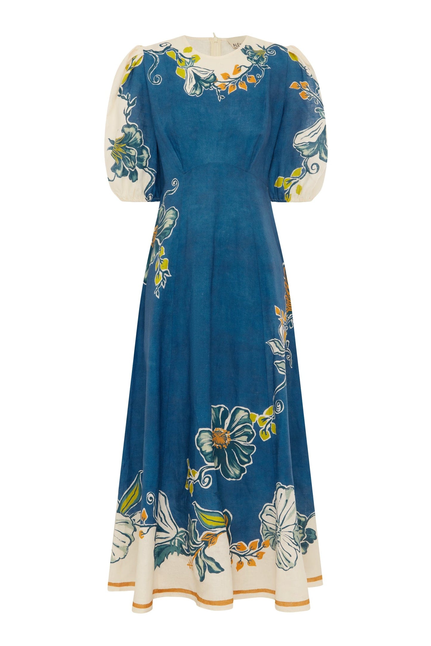 Floral linen lantern sleeve fitted waist dress - blue