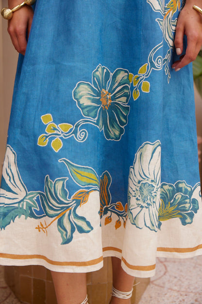 Floral linen lantern sleeve fitted waist dress - blue