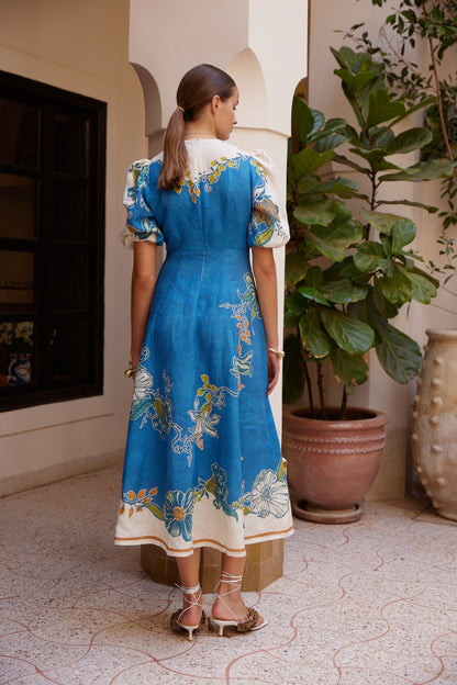 Floral linen lantern sleeve fitted waist dress - blue