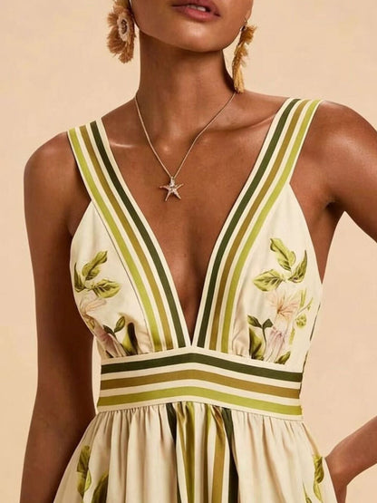 Tropical Print V-Neck Maxi Dress
