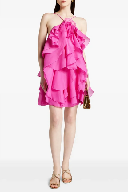 Caysie Halter Floral Ruffle Layered Mini Dress - Fuchsia
