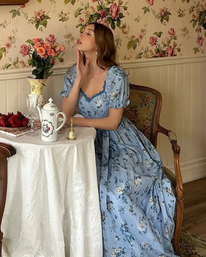 Floral print V-neck puff sleeve maxi dress - blue