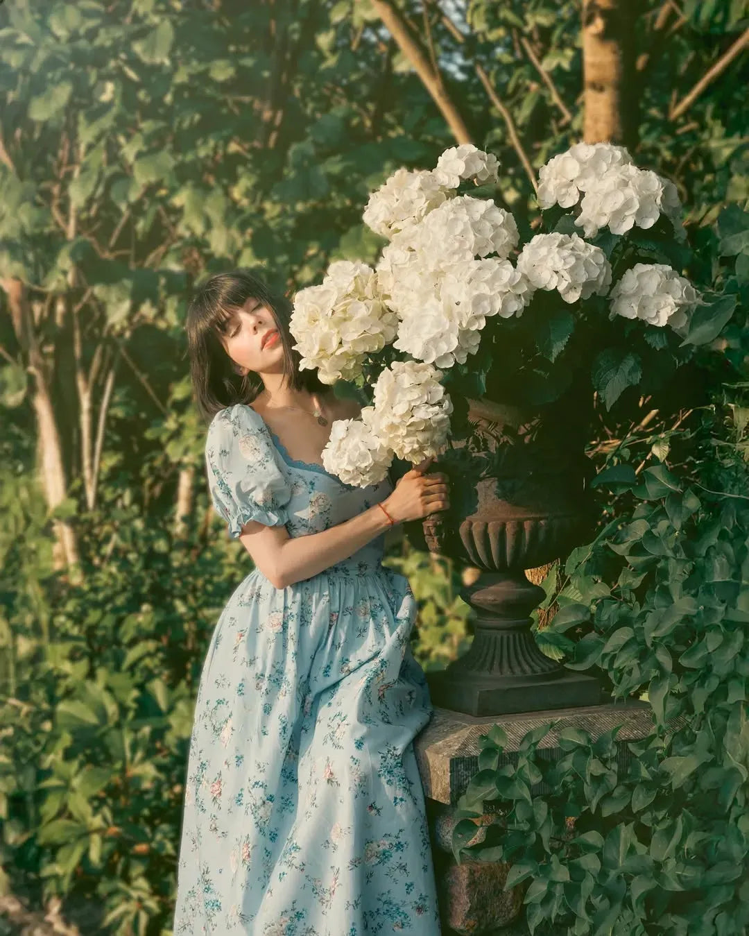 Floral print V-neck puff sleeve maxi dress - blue