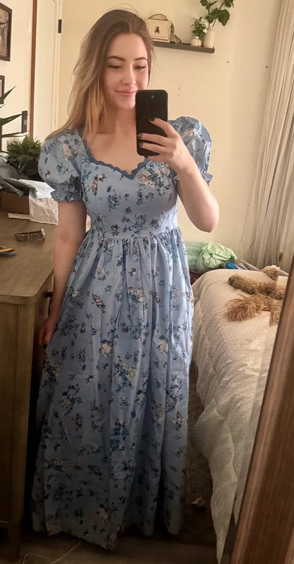 Floral print V-neck puff sleeve maxi dress - blue