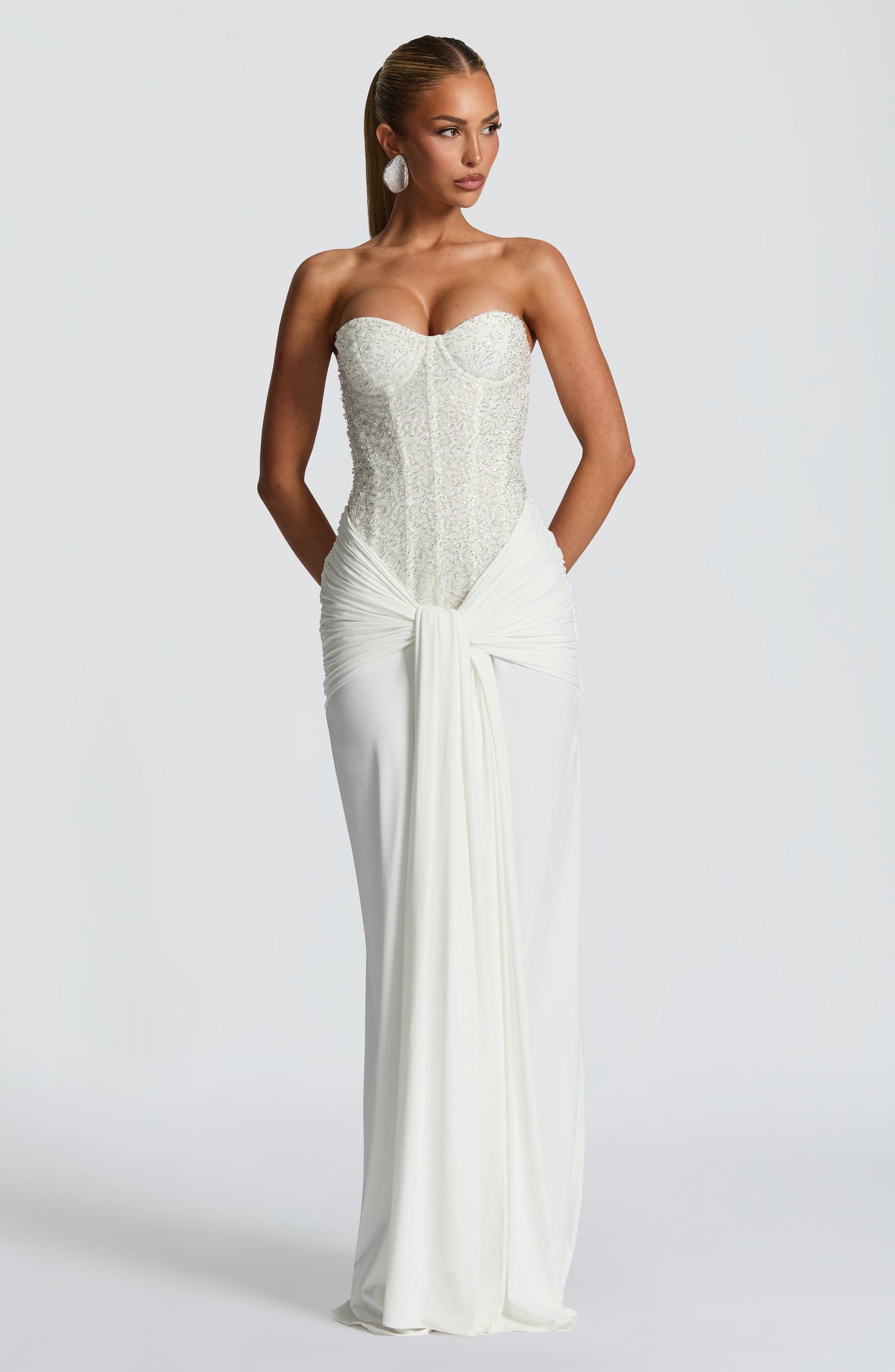 Albie Sequin Strapless Ruched Maxi Dress - White
