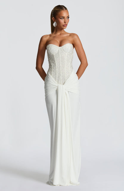 Albie Sequin Strapless Ruched Maxi Dress - White