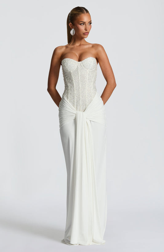 Albie Sequin Strapless Ruched Maxi Dress - White