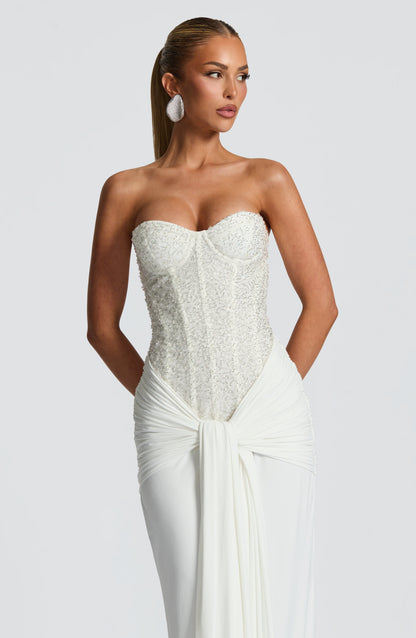 Albie Sequin Strapless Ruched Maxi Dress - White