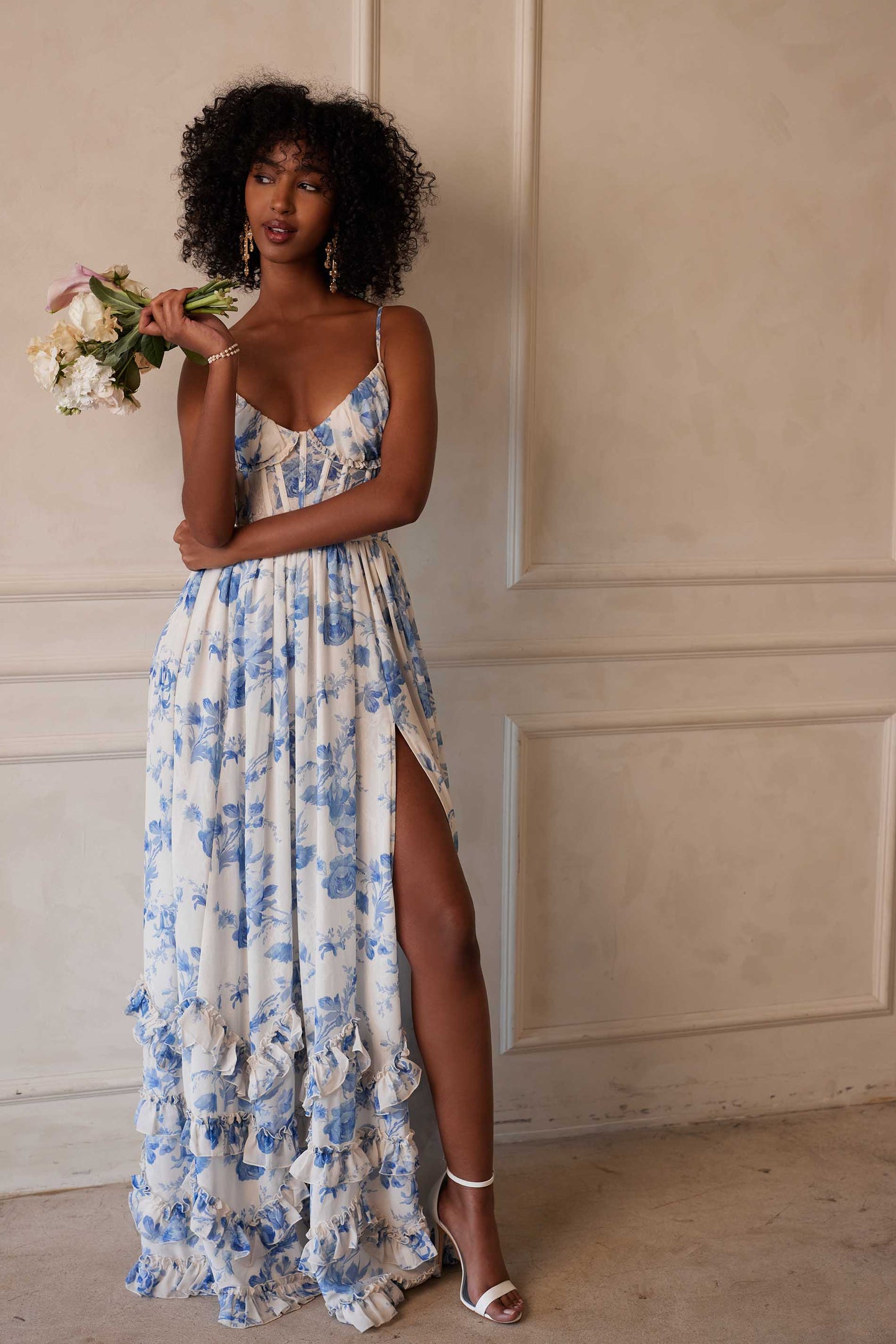 ruffle hem layered high slit Provencal Floral print maxi Dress in Blue