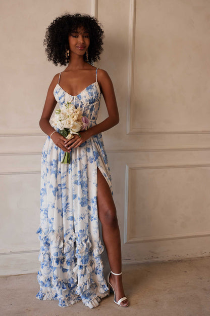 ruffle hem layered high slit Provencal Floral print maxi Dress in Blue