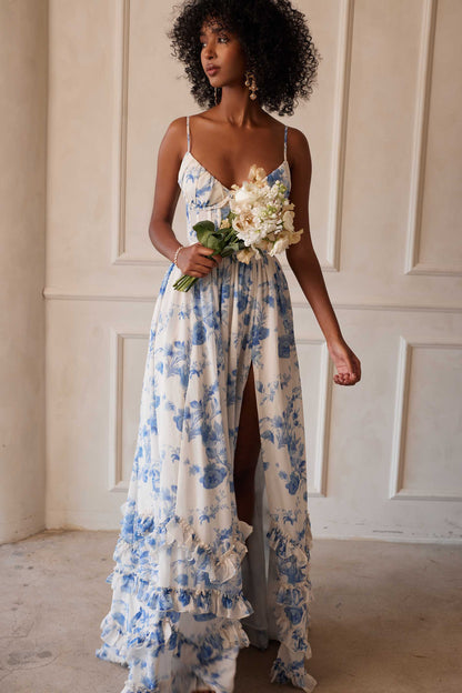 ruffle hem layered high slit Provencal Floral print maxi Dress in Blue