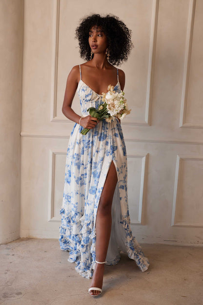 ruffle hem layered high slit Provencal Floral print maxi Dress in Blue