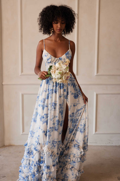 ruffle hem layered high slit Provencal Floral print maxi Dress in Blue
