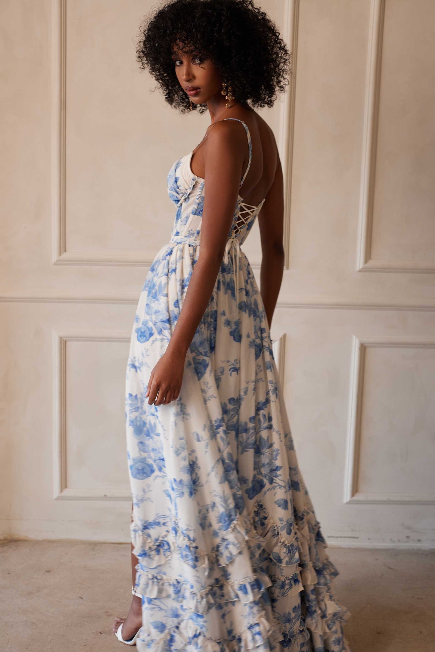 ruffle hem layered high slit Provencal Floral print maxi Dress in Blue