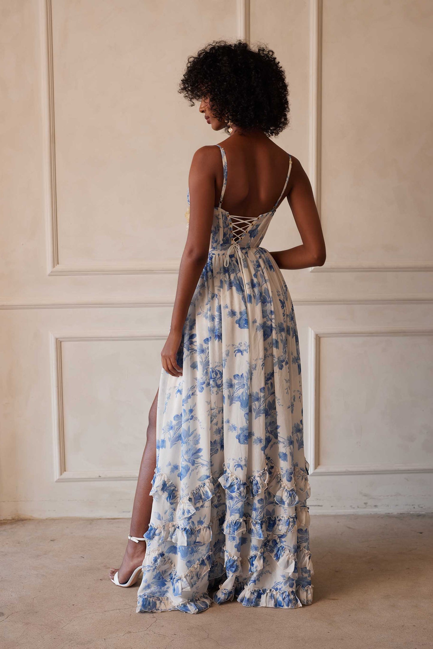 ruffle hem layered high slit Provencal Floral print maxi Dress in Blue