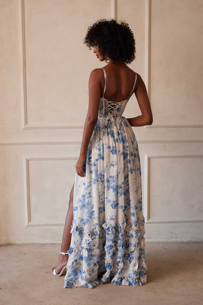 ruffle hem layered high slit Provencal Floral print maxi Dress in Blue