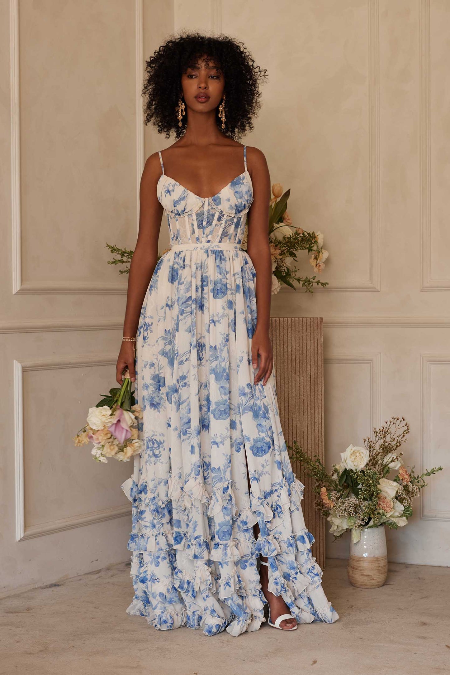 ruffle hem layered high slit Provencal Floral print maxi Dress in Blue