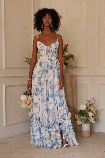 ruffle hem layered high slit Provencal Floral print maxi Dress in Blue