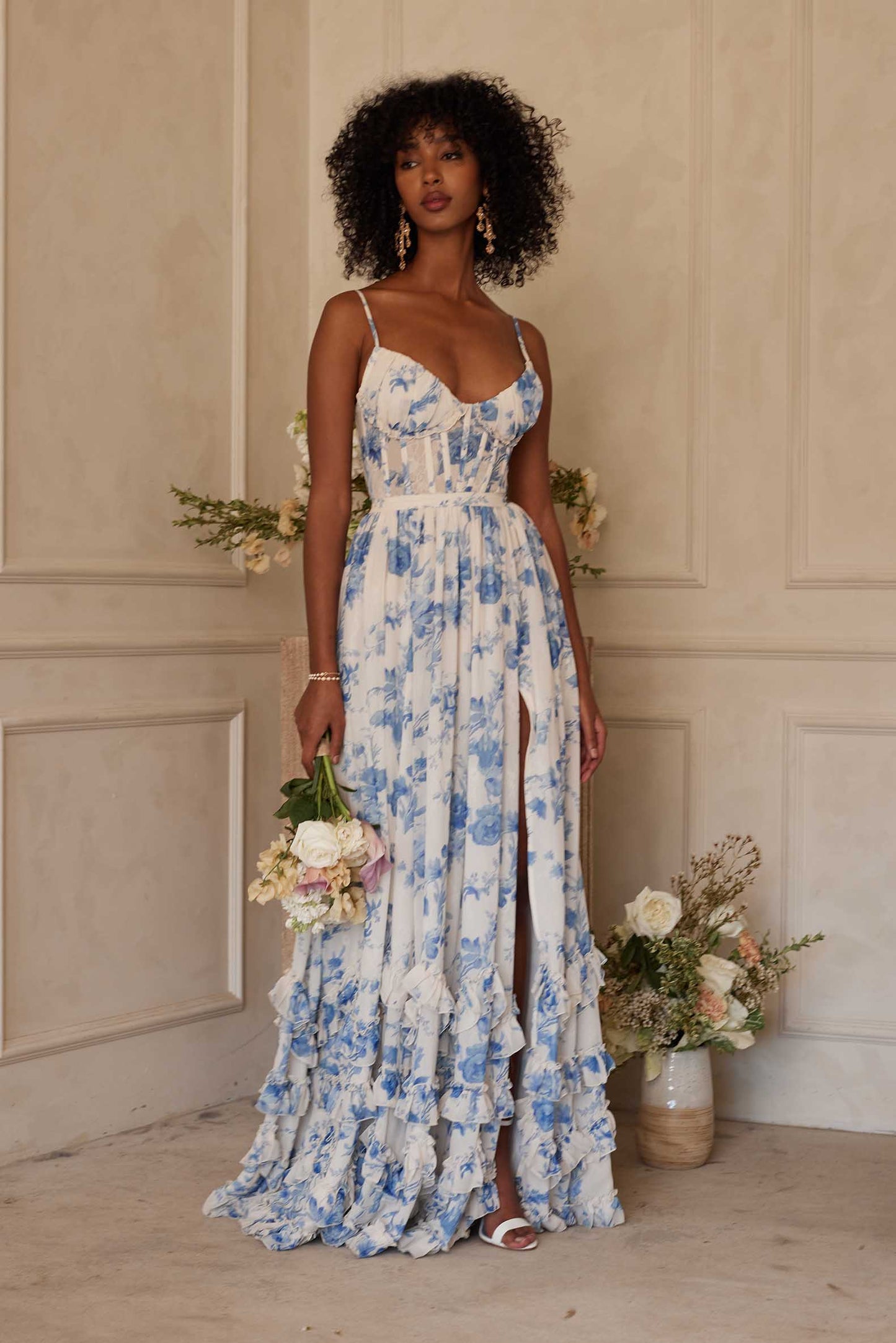 ruffle hem layered high slit Provencal Floral print maxi Dress in Blue