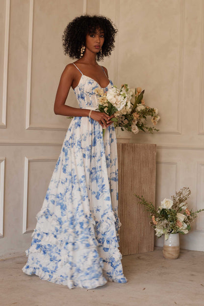 ruffle hem layered high slit Provencal Floral print maxi Dress in Blue