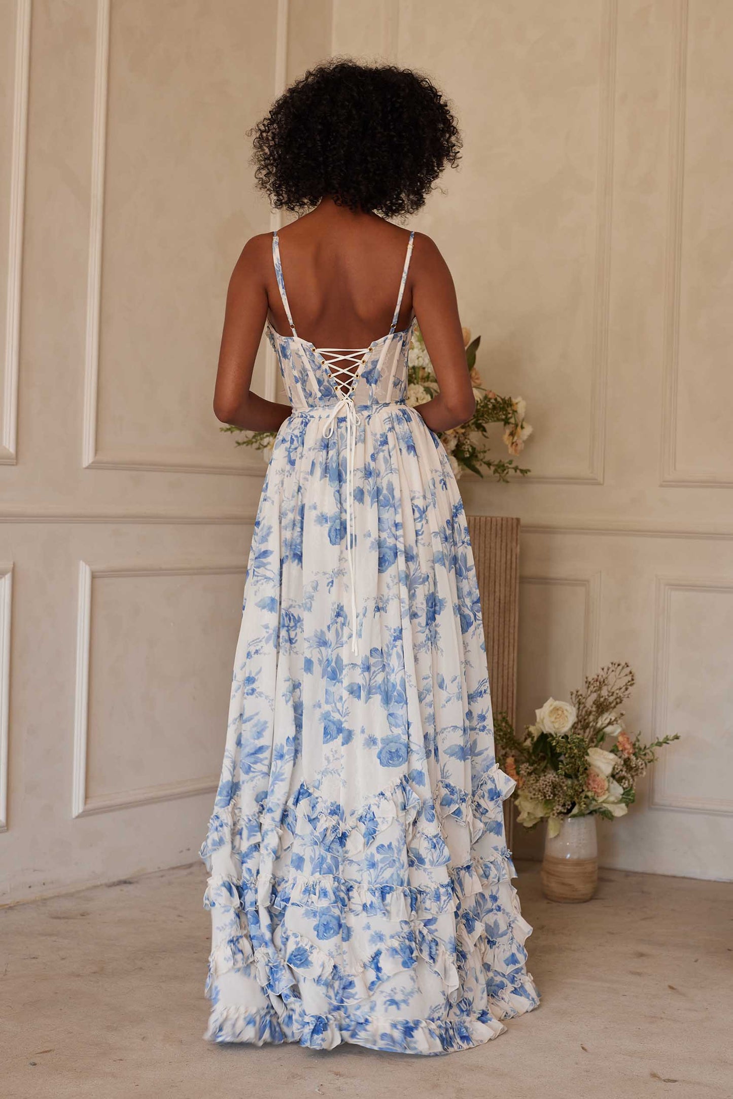 ruffle hem layered high slit Provencal Floral print maxi Dress in Blue