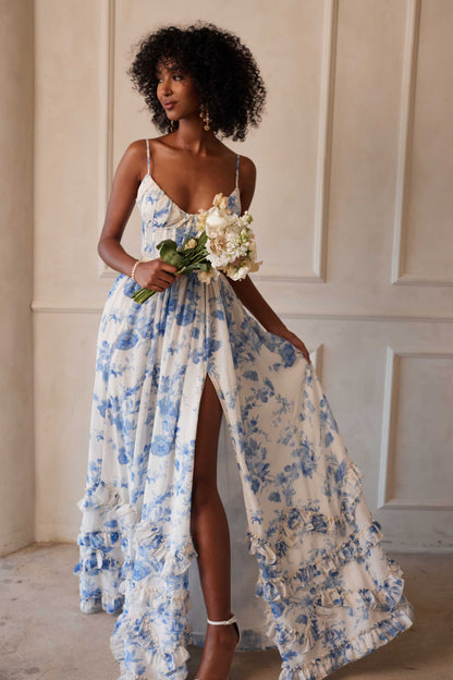 ruffle hem layered high slit Provencal Floral print maxi Dress in Blue