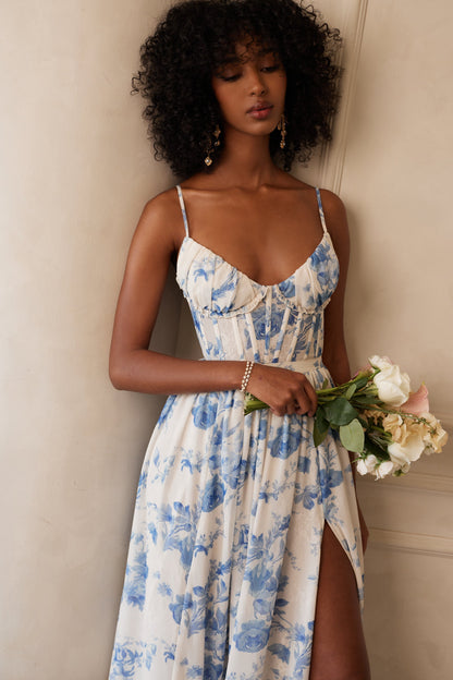 ruffle hem layered high slit Provencal Floral print maxi Dress in Blue