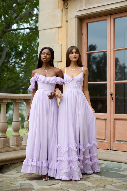 ruffle hem layered high slit lace tulle maxi Dress in Purple