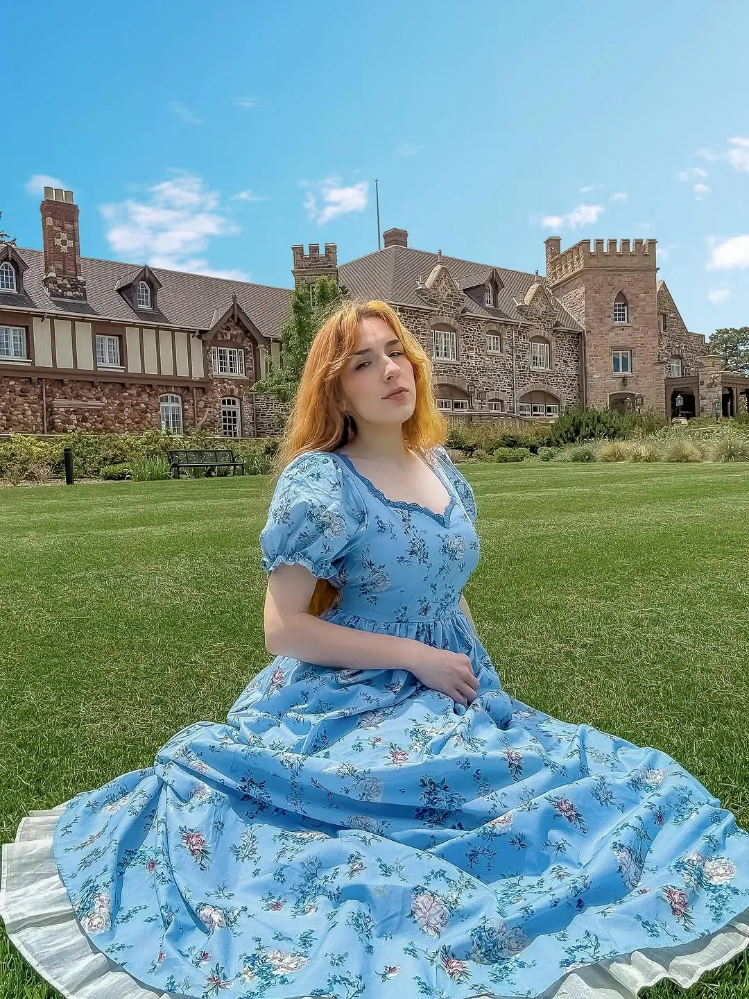 Floral print V-neck puff sleeve maxi dress - blue