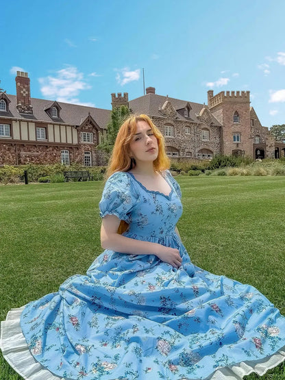 Floral print V-neck puff sleeve maxi dress - blue