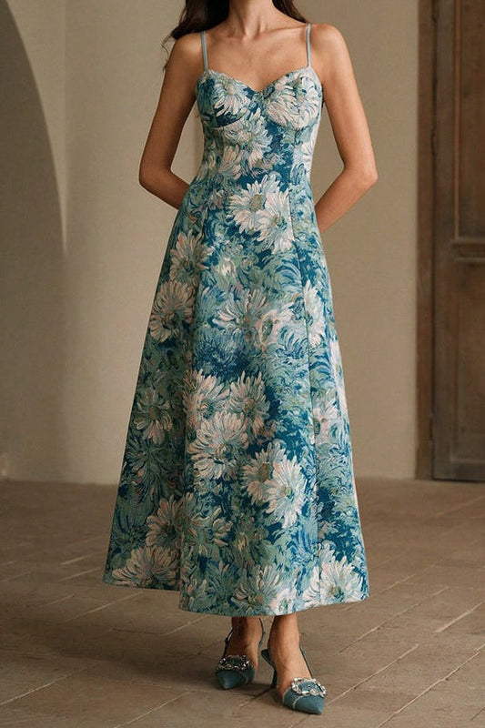 nicola Oil painting jacquard maxi dress - green  & blue