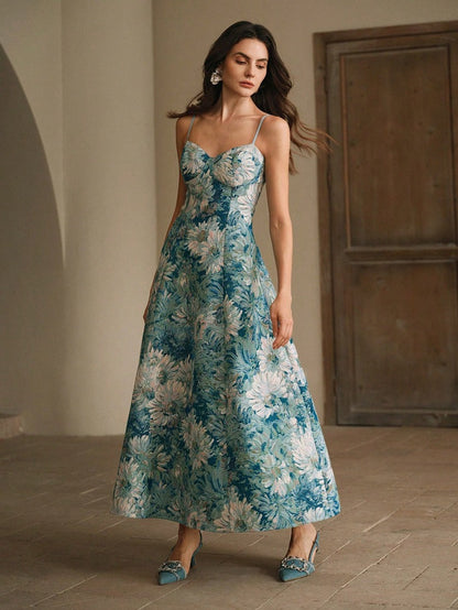 nicola Oil painting jacquard maxi dress - green  & blue