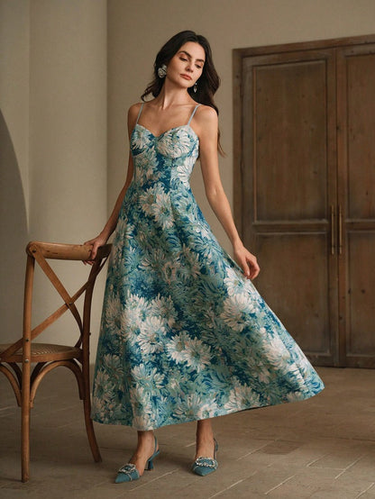 nicola Oil painting jacquard maxi dress - green  & blue