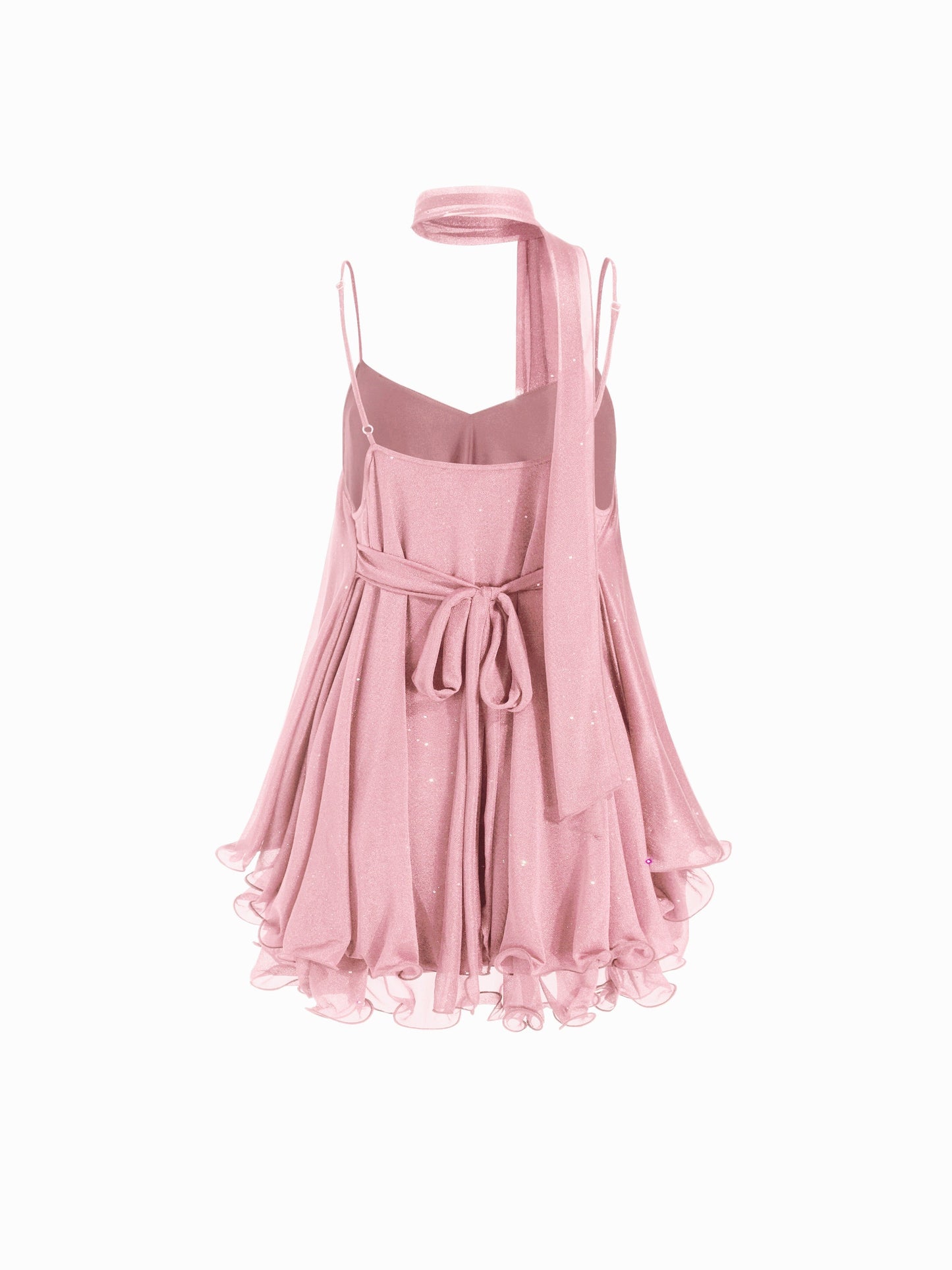 Pink Sequin V-Neck Halter Ruffled Hem Oversized Mini Dress With Scarf