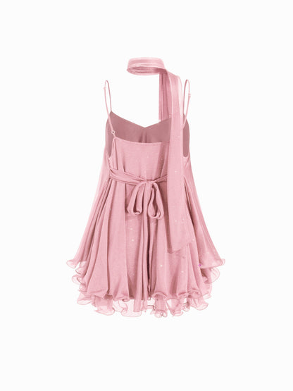 Pink Sequin V-Neck Halter Ruffled Hem Oversized Mini Dress With Scarf
