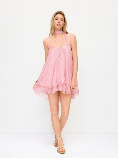 Pink Sequin V-Neck Halter Ruffled Hem Oversized Mini Dress With Scarf