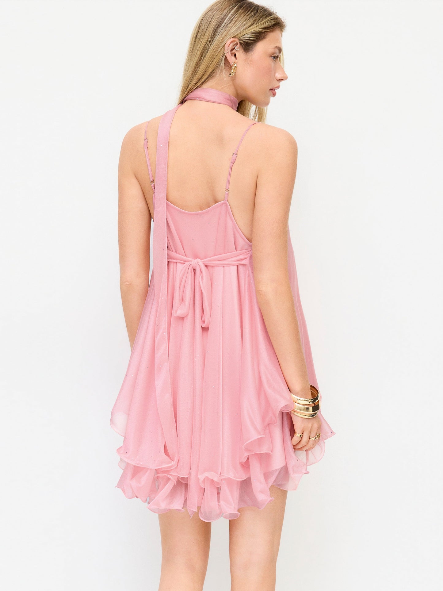 Pink Sequin V-Neck Halter Ruffled Hem Oversized Mini Dress With Scarf