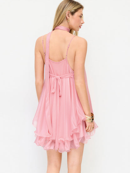 Pink Sequin V-Neck Halter Ruffled Hem Oversized Mini Dress With Scarf
