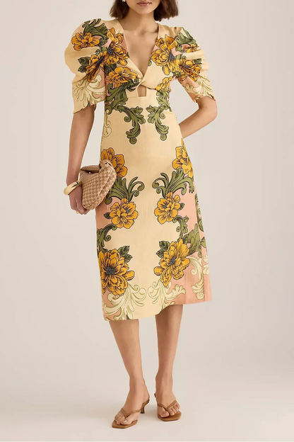 Vintage Floral Puff Sleeve Delicate Flower Linen Midi Dress