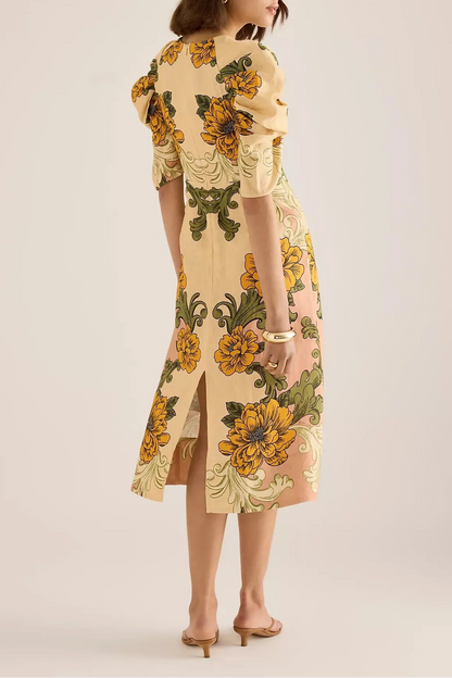 Vintage Floral Puff Sleeve Delicate Flower Linen Midi Dress