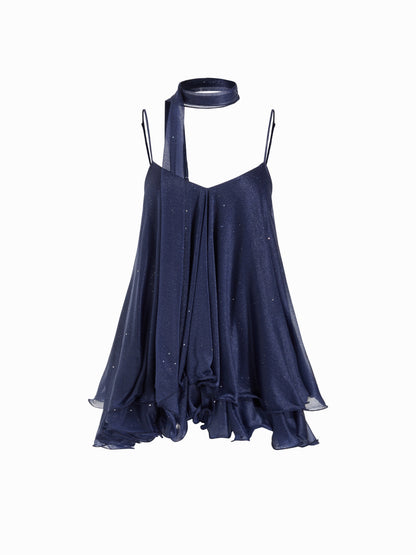 Blue Sequin V-Neck Halter Ruffled Hem Oversized Mini Dress With Scarf