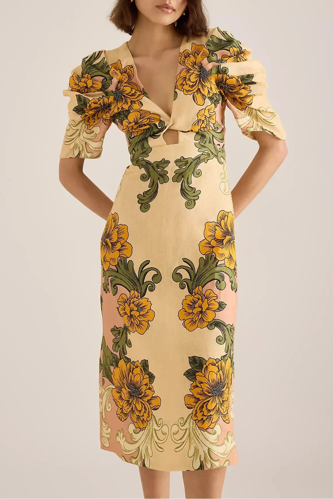 Vintage Floral Puff Sleeve Delicate Flower Linen Midi Dress