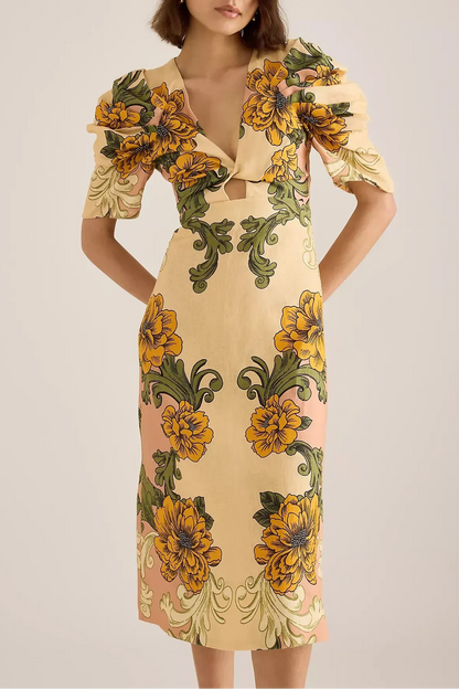 Vintage Floral Puff Sleeve Delicate Flower Linen Midi Dress