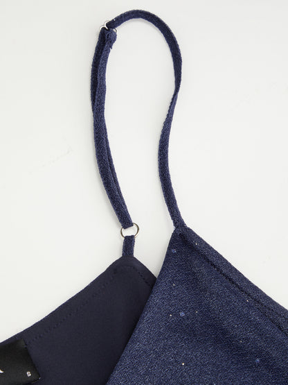 Blue Sequin V-Neck Halter Ruffled Hem Oversized Mini Dress With Scarf