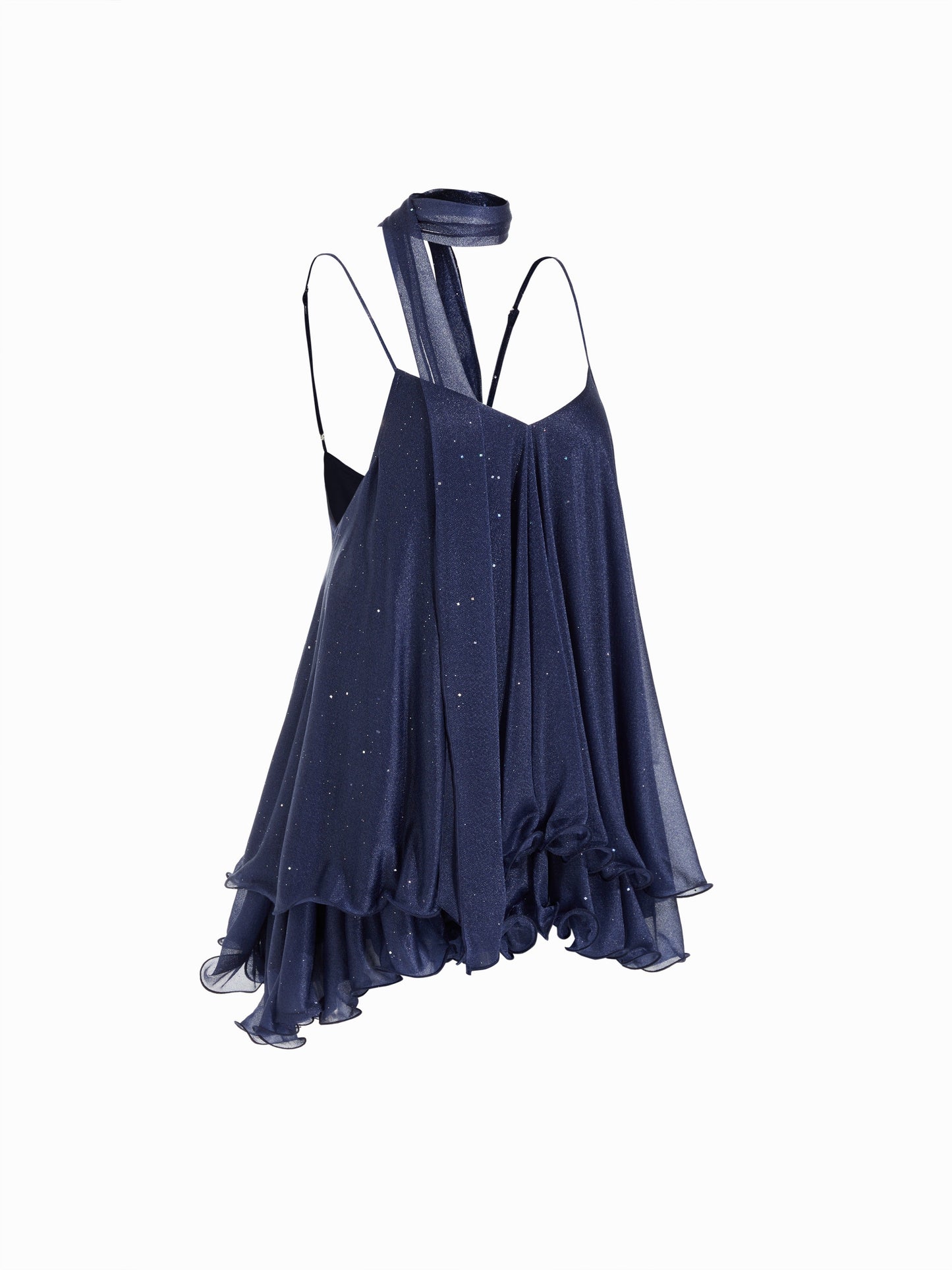 Blue Sequin V-Neck Halter Ruffled Hem Oversized Mini Dress With Scarf