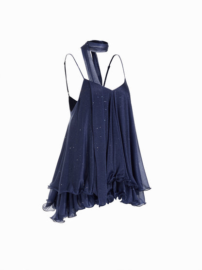 Blue Sequin V-Neck Halter Ruffled Hem Oversized Mini Dress With Scarf