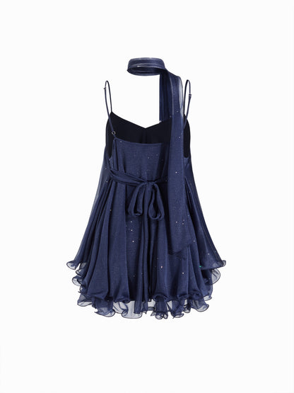 Blue Sequin V-Neck Halter Ruffled Hem Oversized Mini Dress With Scarf