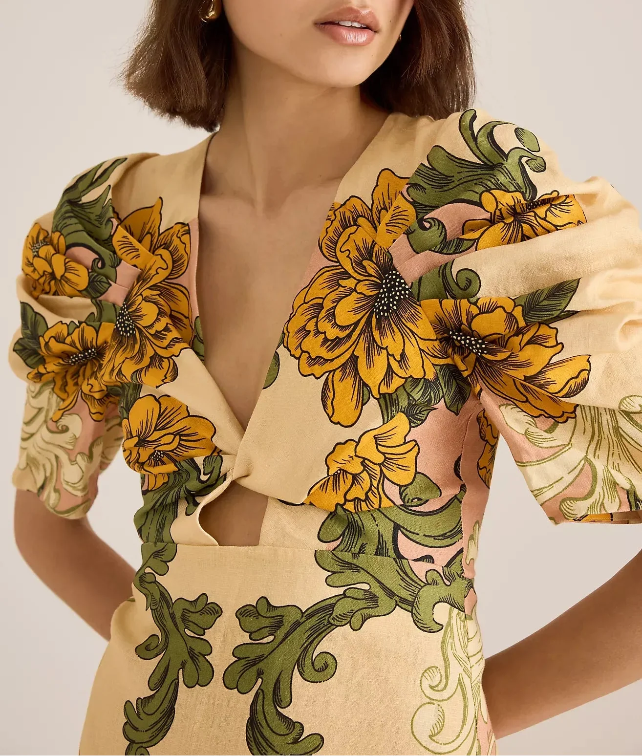 Vintage Floral Puff Sleeve Delicate Flower Linen Midi Dress