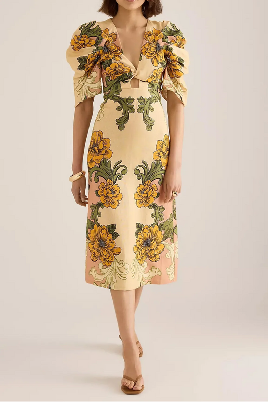 Vintage Floral Puff Sleeve Delicate Flower Linen Midi Dress