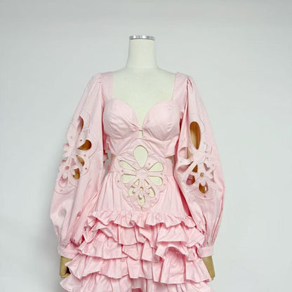 Pink Floral Cut-Out Tiered Dress Premium Fabric - product view 2